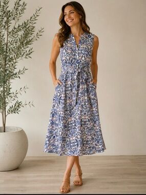 Croft & barrow sleeveless a line  Blue & White Printed  Dress. PM. EUC.